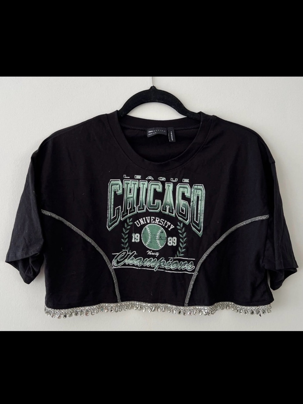 Reworked Chicago varsity tee with diamante hem